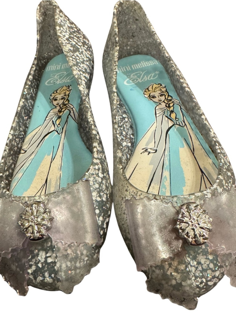 Mini Melissa Disney Frozen Elsa Glitter Jelly Flats Girls US 13 Silver Bow